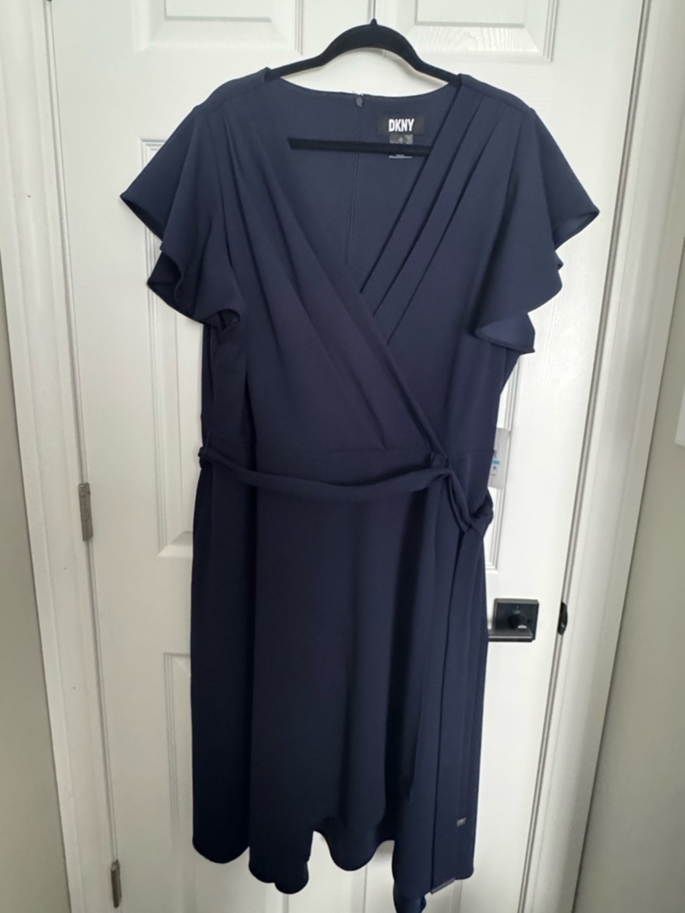 DKNY Navy Wrap Midi Dress with Flutter Sleeves